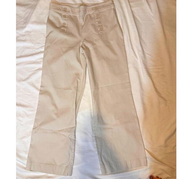 TALBOTS Beige/Ivory Flat Front Side Zip Button Accent Cotton Wide Leg Pa… - Picture 5 of 11